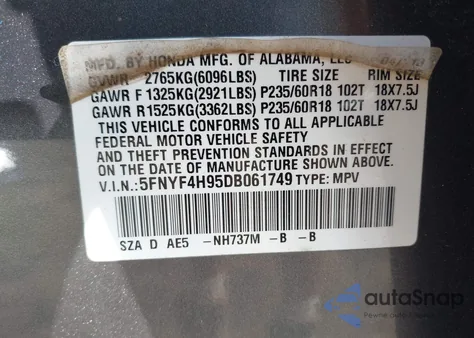 2013 Honda Pilot Touring z USA, uszkodzony, nr VIN 5FNYF4H95DB061749